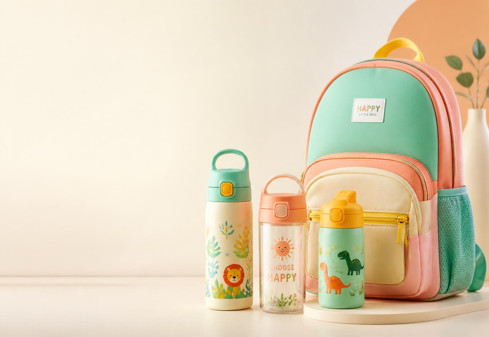 Kids water bottles, tumblers and a backpack on a pastel background